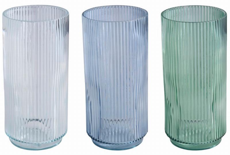 Flora Vase Rillet Glas 12x25 Cm 3 Ass  Farver